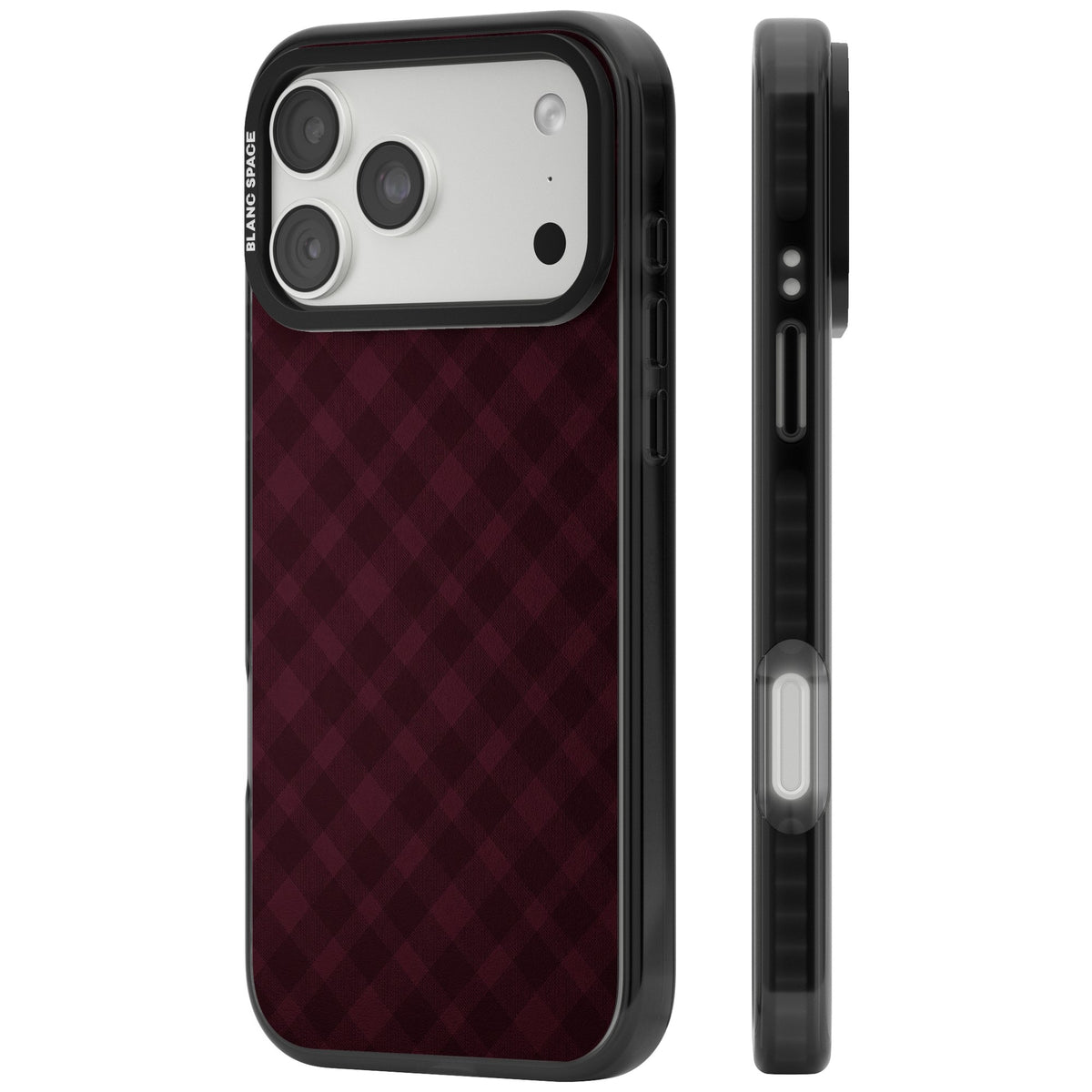 Mulled Wine preppy iPhone case featuring burgundy gingham checks, diagonal plaid lines and a soft woven texture iPhone 18 Pro Max Impact Black Phone Case side