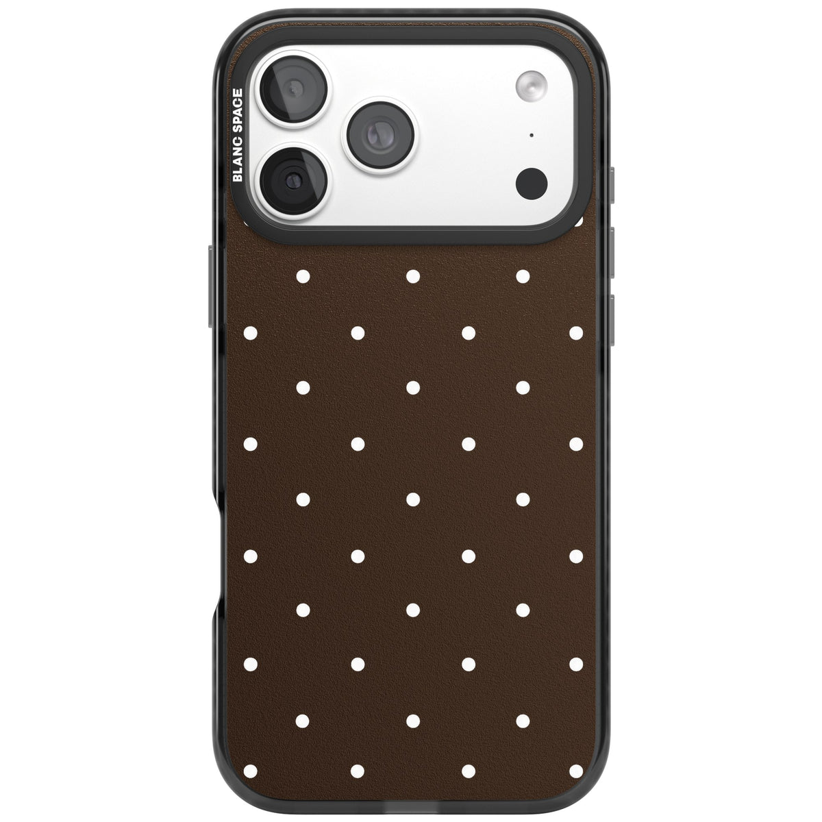 Espresso Dots minimalist iPhone case featuring white polka dots on a rich chocolate brown background iPhone 18 Pro Max Impact Black Phone Case front
