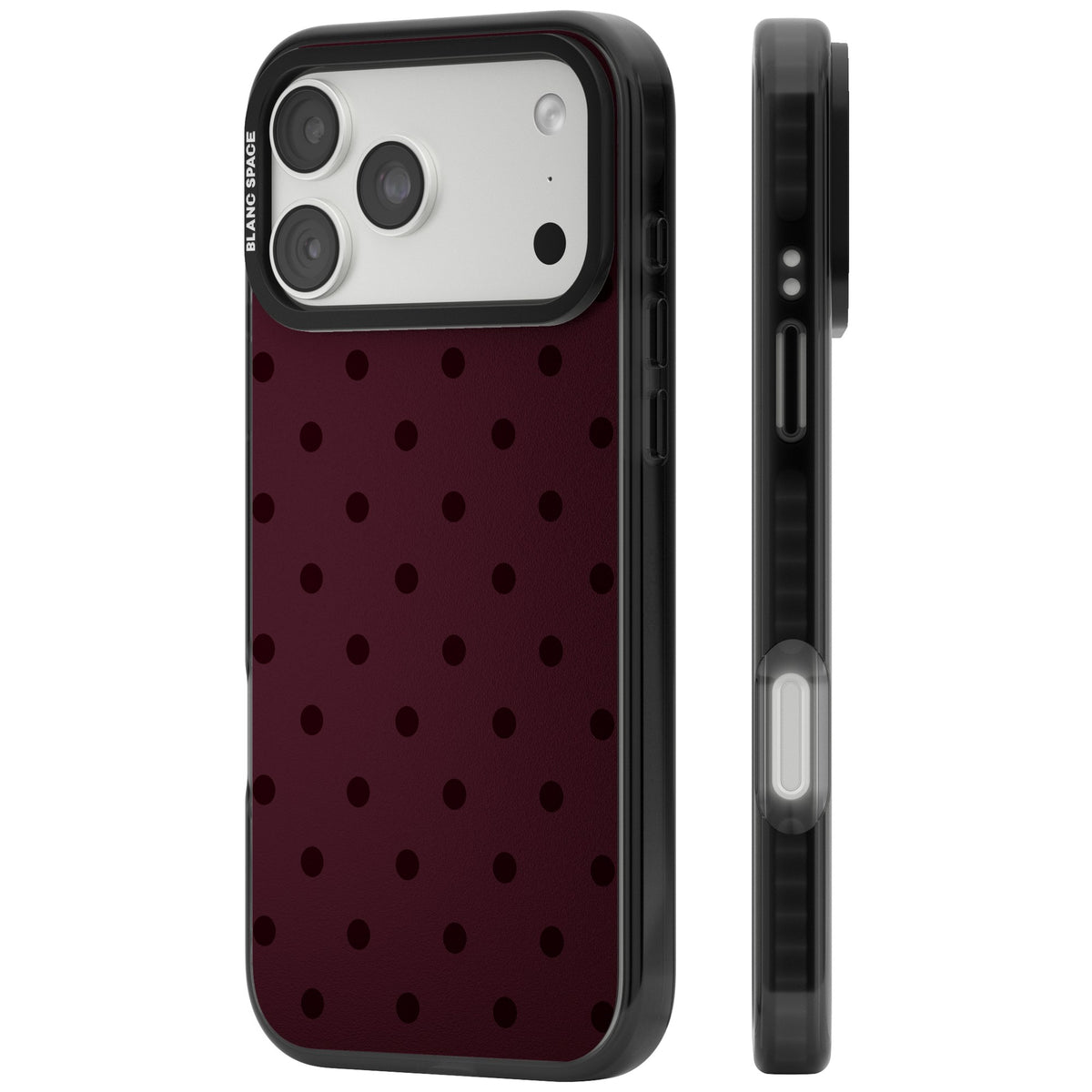 Burgundy Polka Dot minimalist iPhone case featuring black polka dots on a deep burgundy wine red background iPhone 18 Pro Max Impact Black Phone Case side