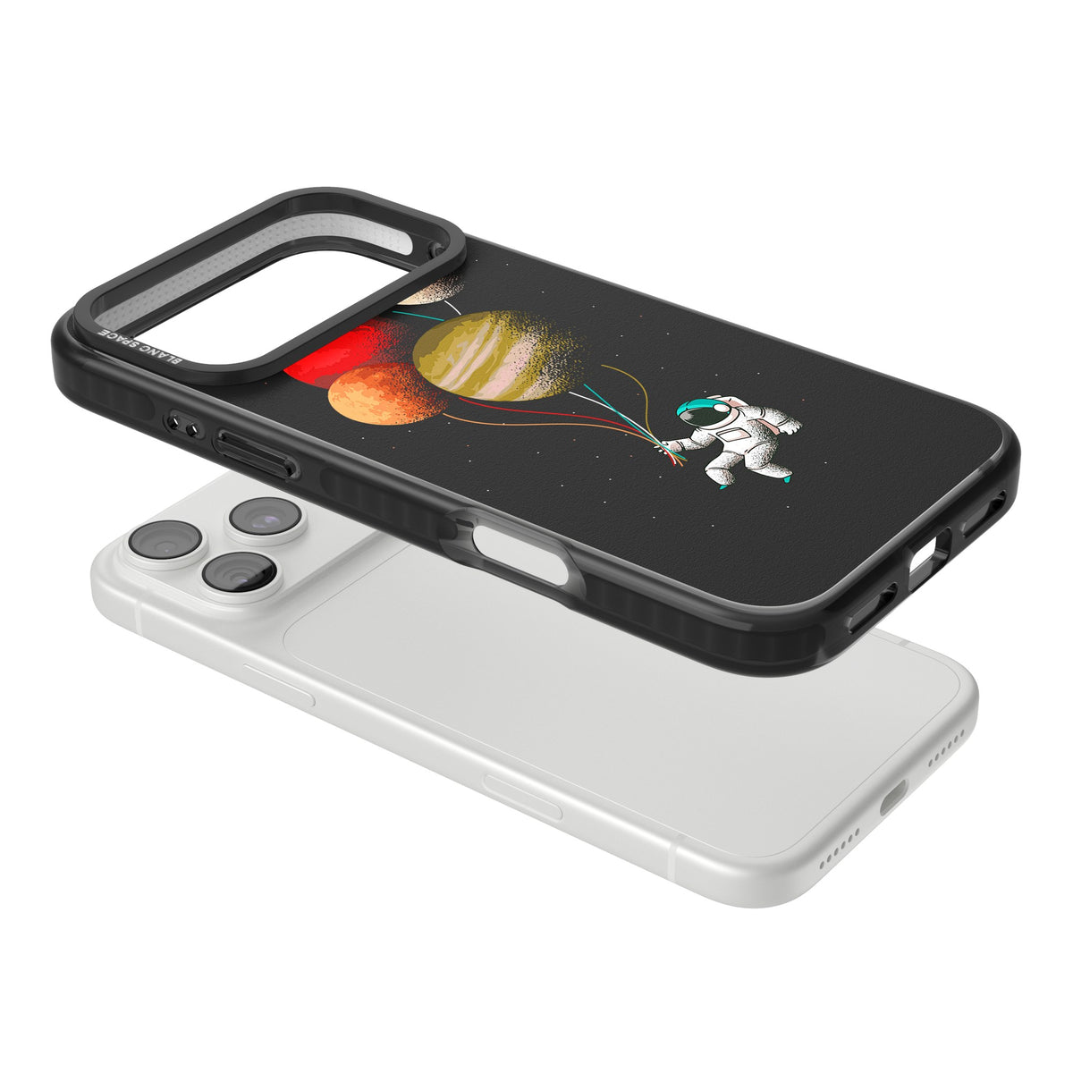 Astronaut Balloon Planets iPhone 18 Pro Max Impact Black Phone Case angled