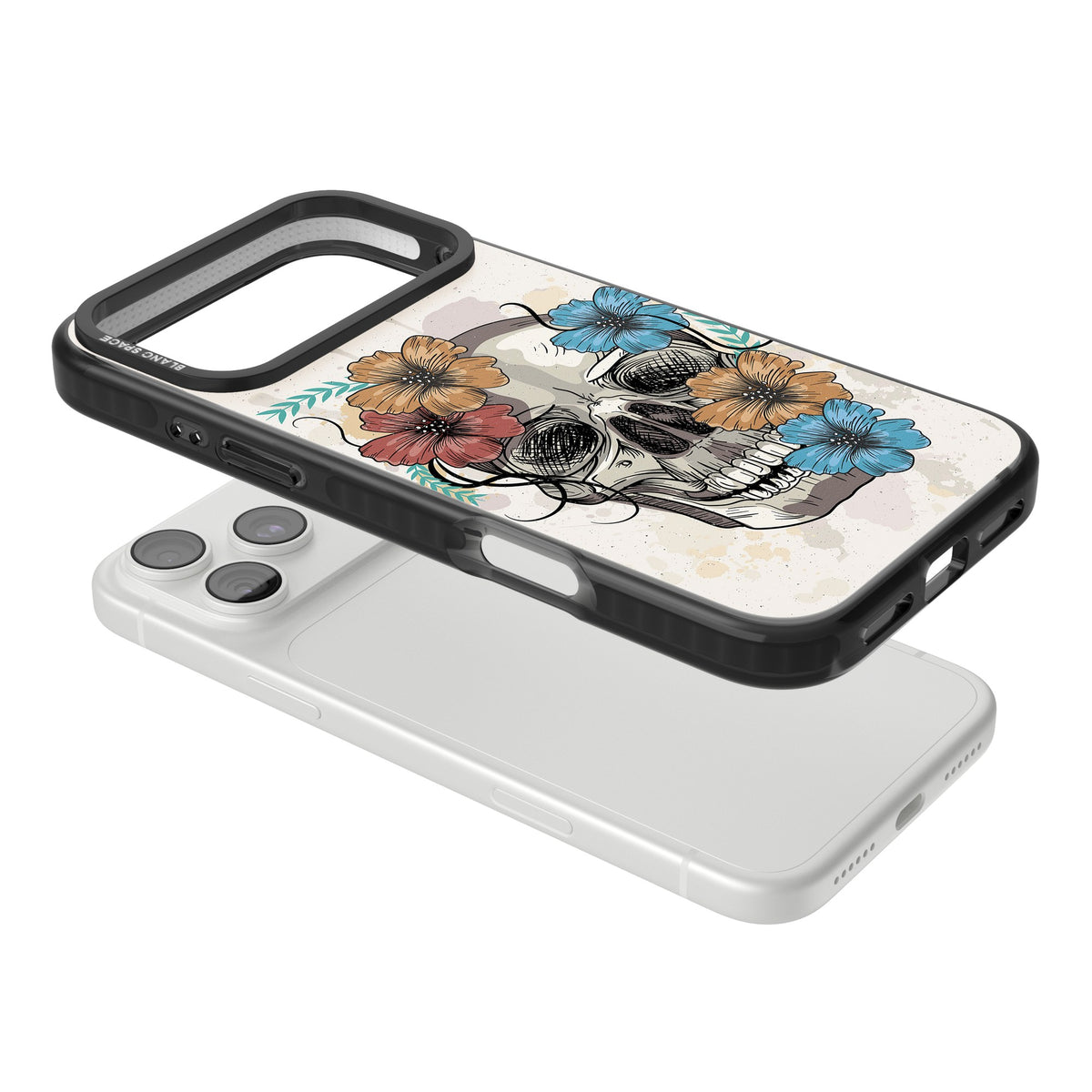 Sugar Skull Floral iPhone 18 Pro Max Impact Black Phone Case angled