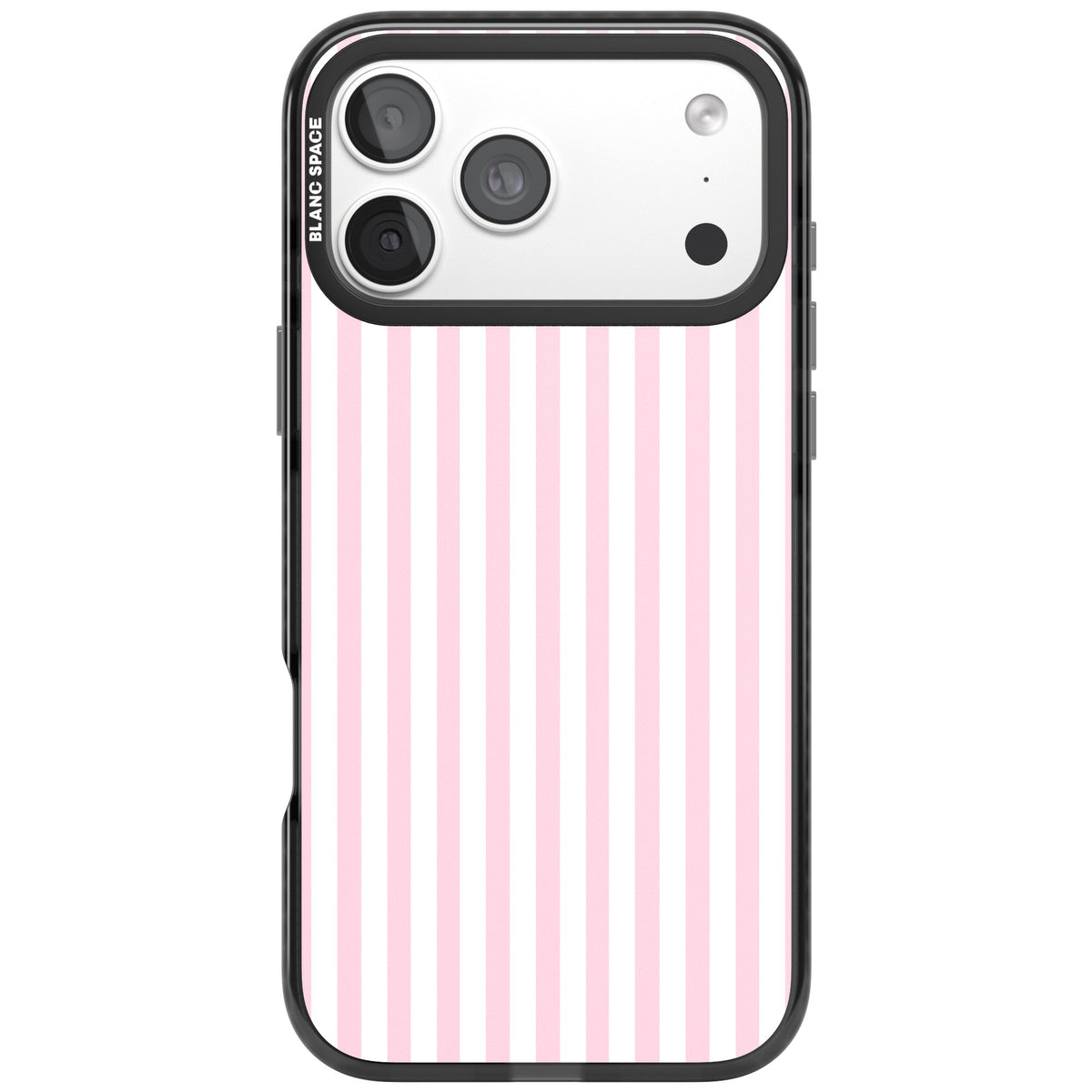 Pink Stripe preppy iPhone case featuring soft pastel pink and white vertical candy stripes iPhone 18 Pro Max Impact Black Phone Case front