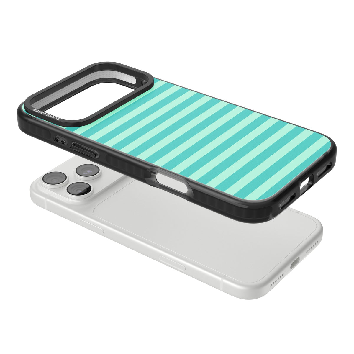 Turquoise Stripe preppy iPhone case featuring horizontal teal and mint green stripes on a black protective frame iPhone 18 Pro Max Impact Black Phone Case angled