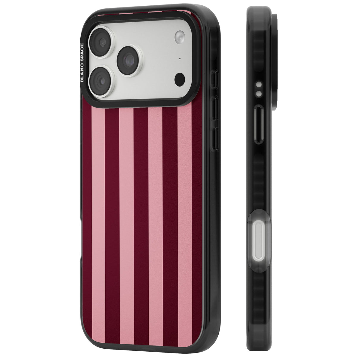 Bordeaux Belle preppy iPhone case featuring bold vertical stripes in burgundy and soft blush pink iPhone 18 Pro Max Impact Black Phone Case side