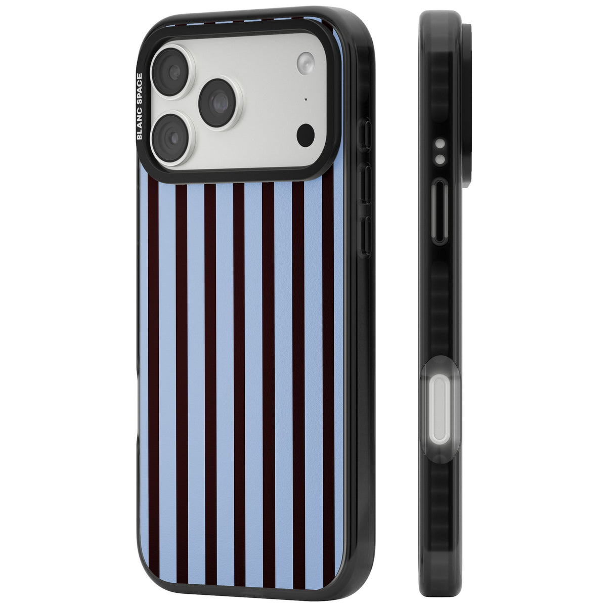 Blackcurrant Stripe preppy iPhone case featuring vertical burgundy and light blue stripes in a classic pinstripe layout iPhone 18 Pro Max Impact Black Phone Case side
