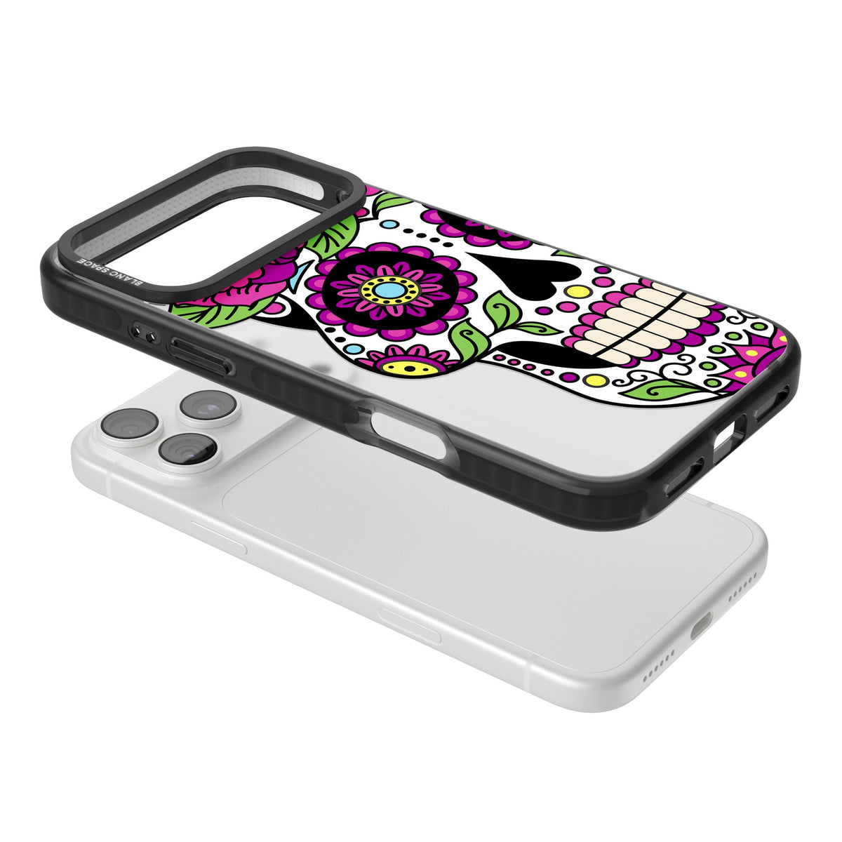Purple Floral Sugar Skull iPhone 18 Pro Max Impact Black Phone Case angled