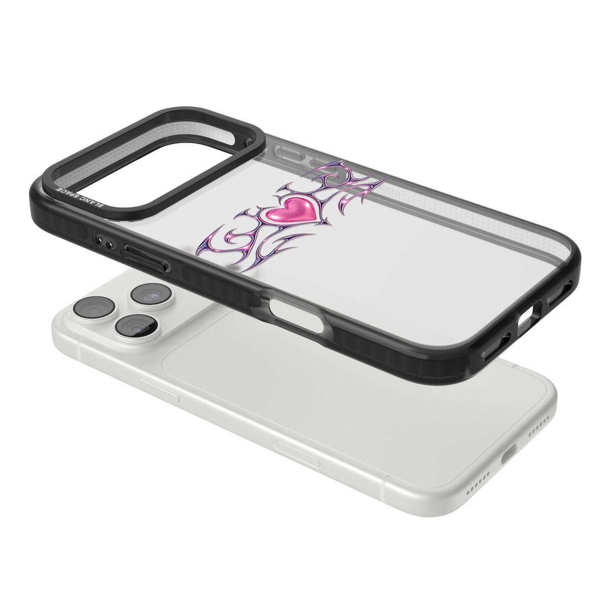 Pink Chrome Heart iPhone 18 Pro Max Impact Black Phone Case angled