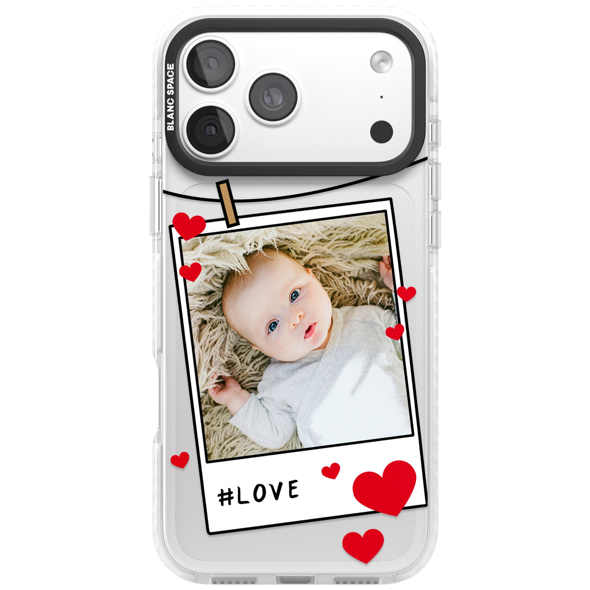 Personalised Paperclip & Hearts Polaroid iPhone 18 Pro Max Impact Clear Phone Case front