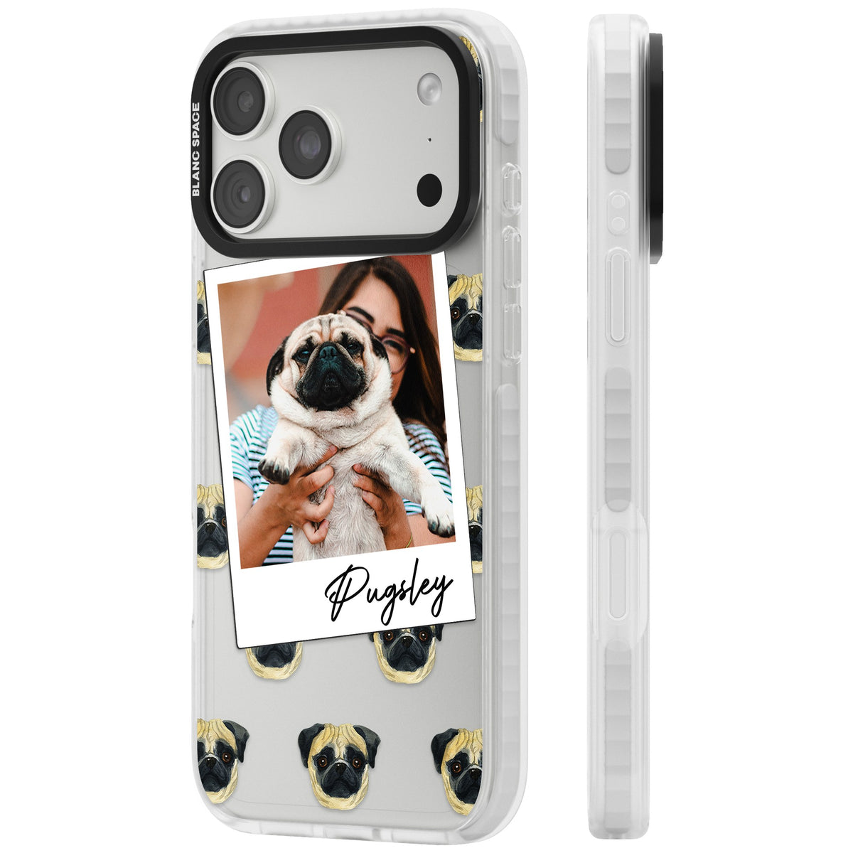 Personalised Pug Instant Camera Photo iPhone 18 Pro Max Impact Clear Phone Case side