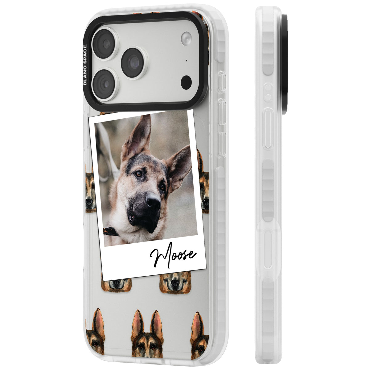 Personalised German Shepherd Instant Camera Photo iPhone 18 Pro Max Impact Clear Phone Case side