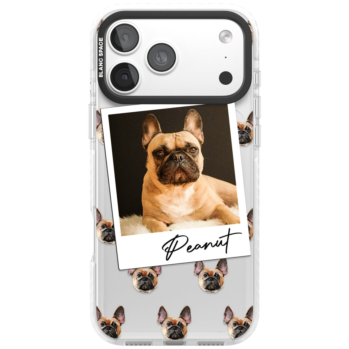 Personalised Tan French Bulldog Instant Camera Photo iPhone 18 Pro Max Impact Clear Phone Case front