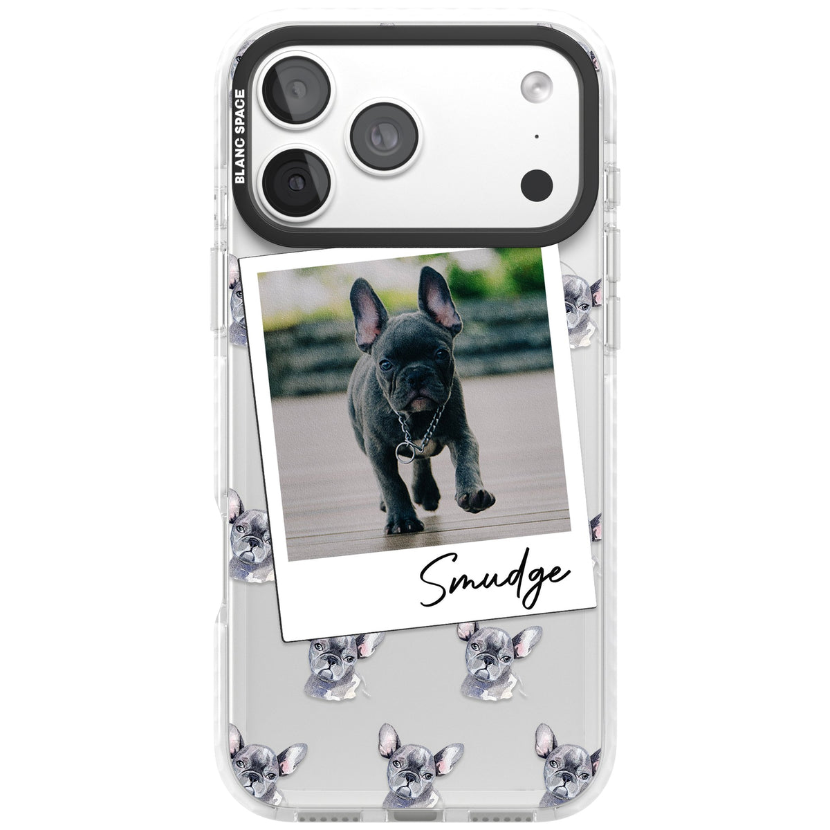 Personalised Grey French Bulldog Instant Camera Photo iPhone 18 Pro Max Impact Clear Phone Case front