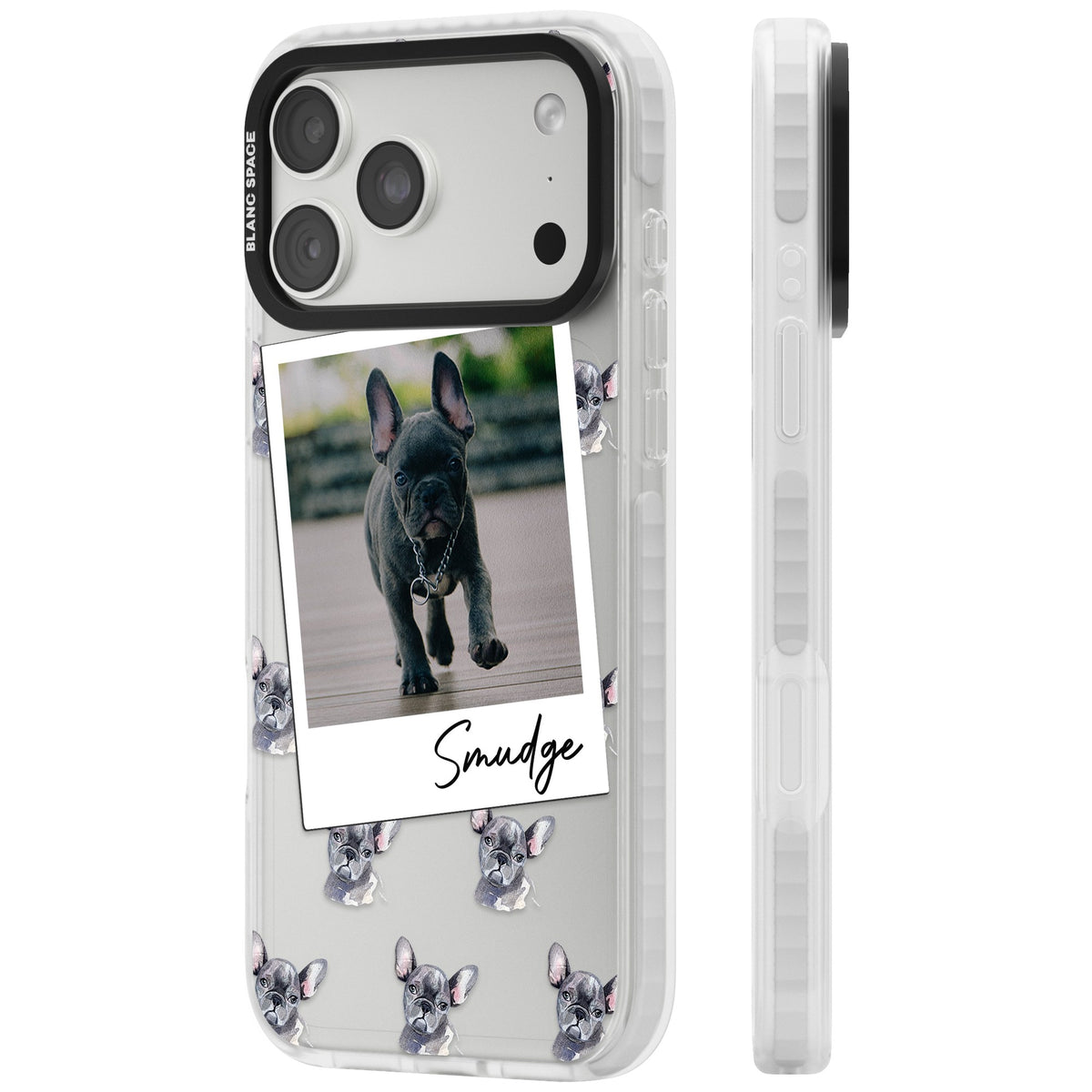 Personalised Grey French Bulldog Instant Camera Photo iPhone 18 Pro Max Impact Clear Phone Case side