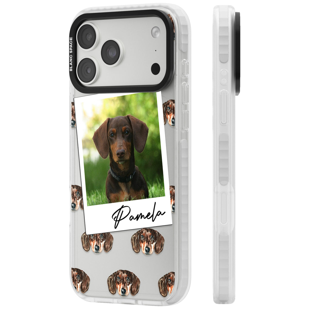 Personalised Brown Dachshund Instant Camera Photo iPhone 18 Pro Max Impact Clear Phone Case side