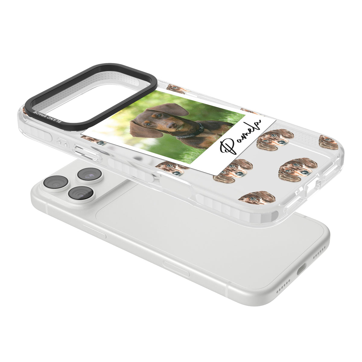 Personalised Brown Dachshund Instant Camera Photo iPhone 18 Pro Max Impact Clear Phone Case angled
