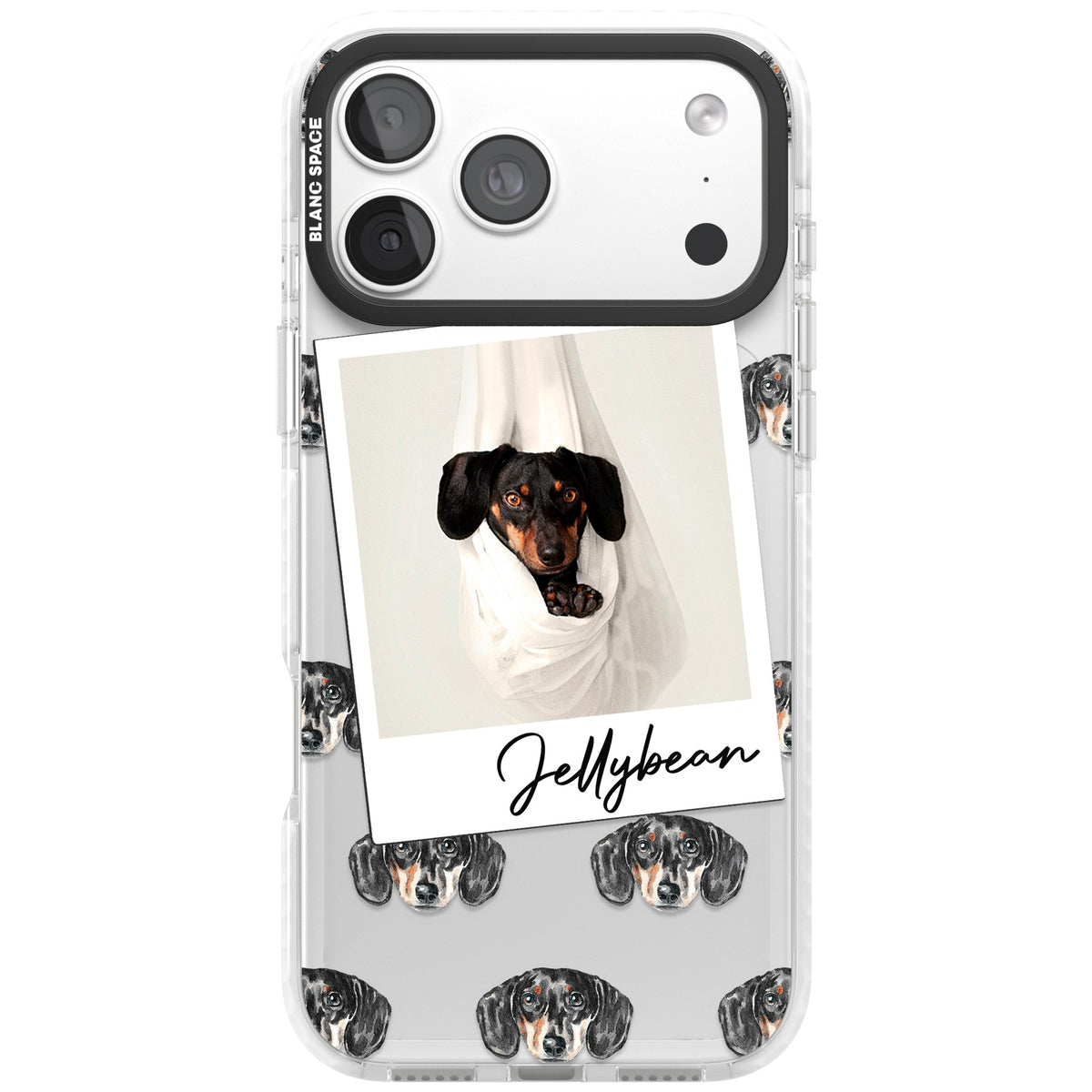 Personalised Black Dachshund Instant Camera Photo iPhone 18 Pro Max Impact Clear Phone Case front