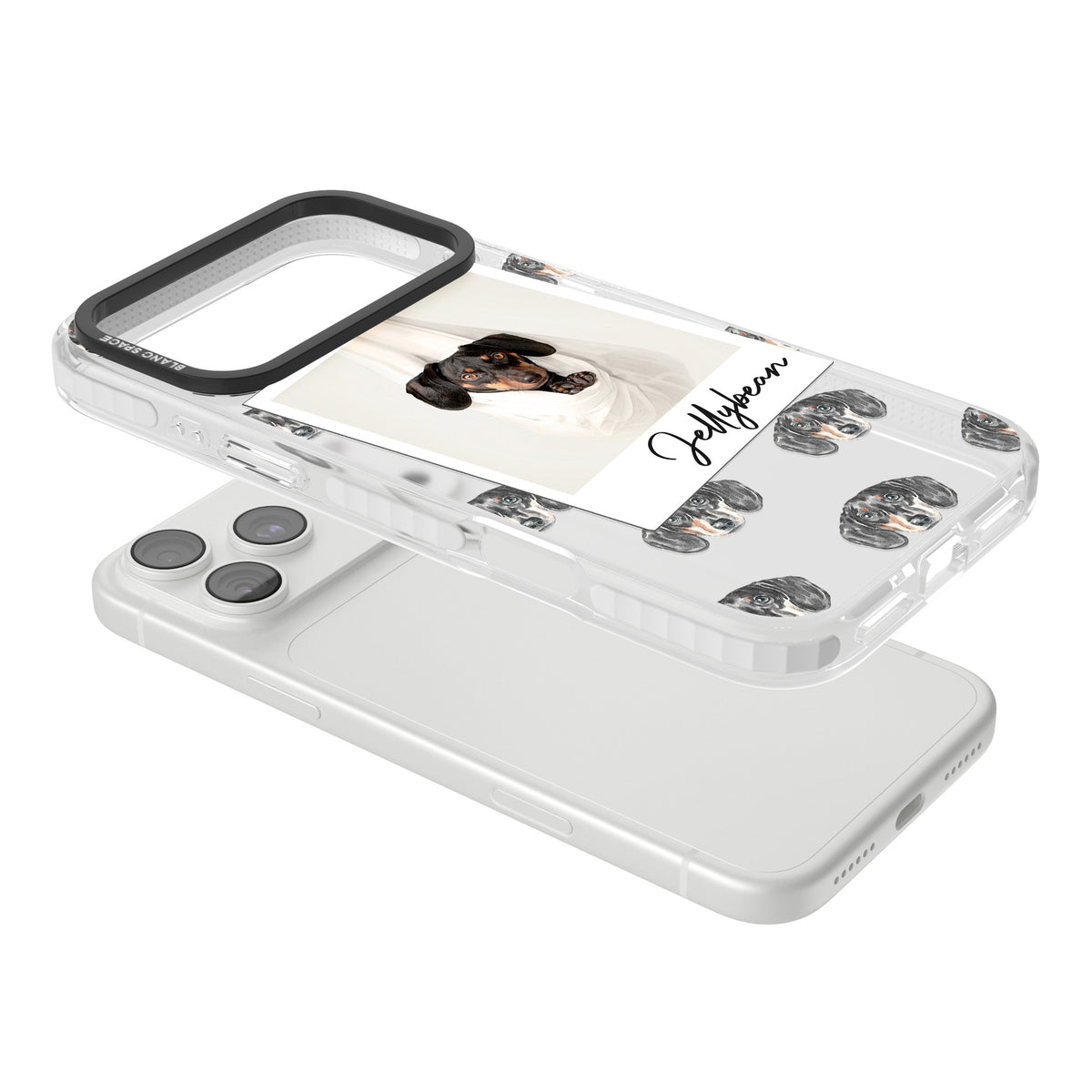 Personalised Black Dachshund Instant Camera Photo iPhone 18 Pro Max Impact Clear Phone Case angled