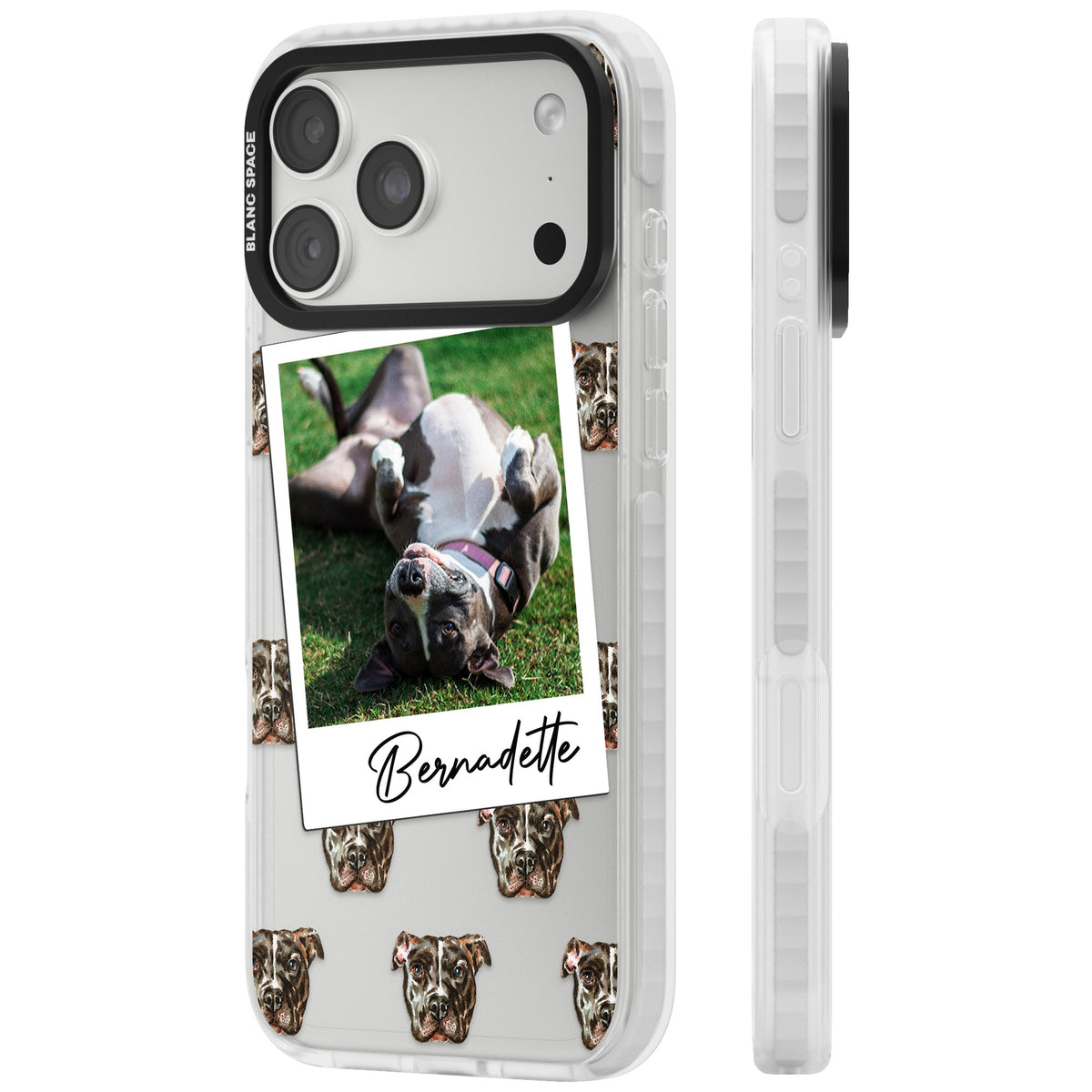 Personalised Staffordshire Bull Terrier Instant Camera Photo iPhone 18 Pro Max Impact Clear Phone Case side