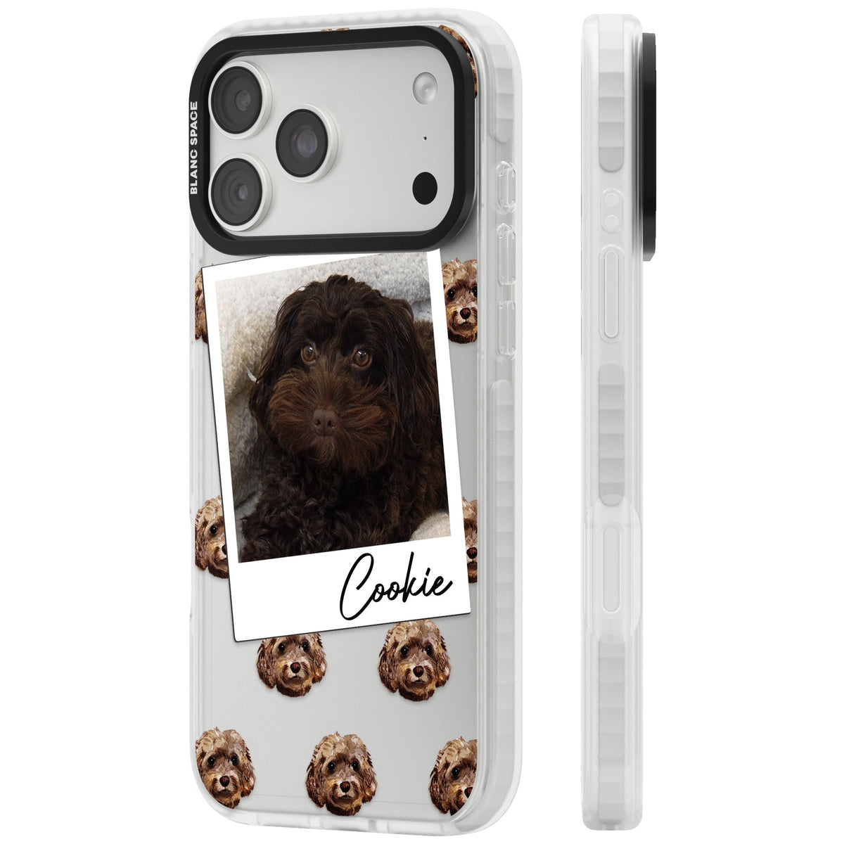 Personalised Brown Cockapoo Instant Camera Photo iPhone 18 Pro Max Impact Clear Phone Case side