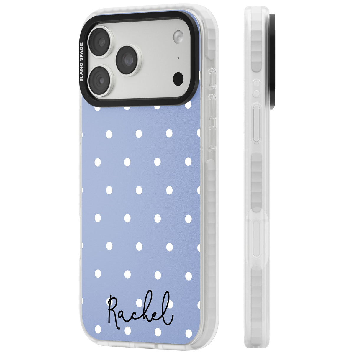 Personalised Powder Blue Dots iPhone 18 Pro Max Impact Clear Phone Case side