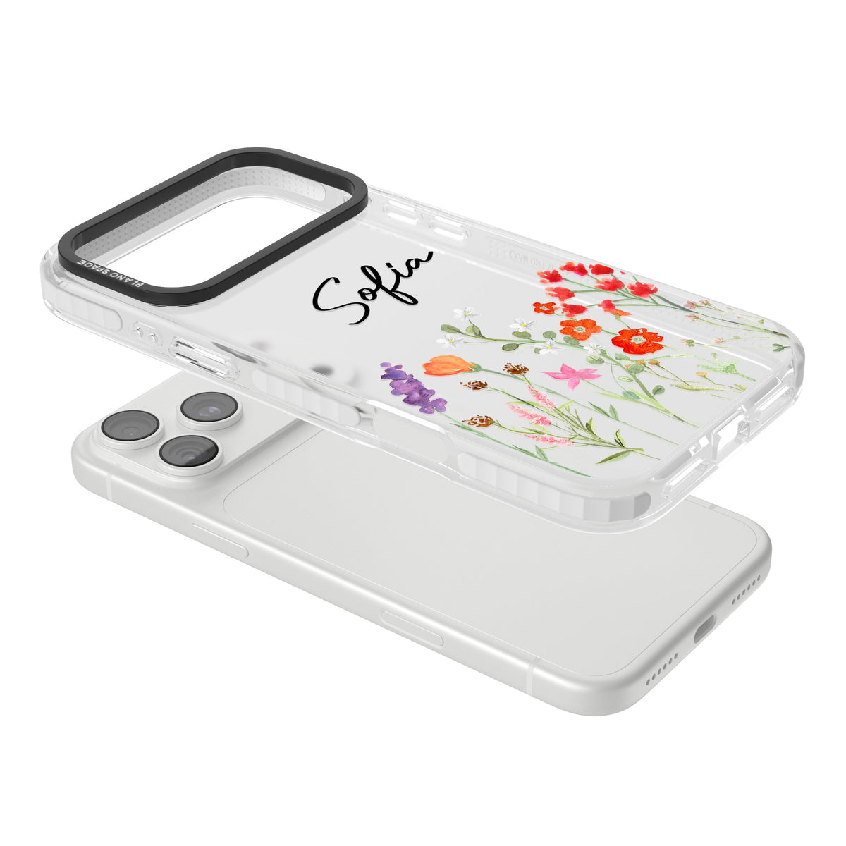 Personalised Spring Wildflowers iPhone 18 Pro Max Impact Clear Phone Case angled