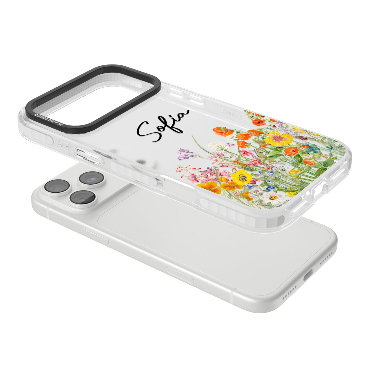 Personalised Summer Wildflowers iPhone 18 Pro Max Impact Clear Phone Case angled