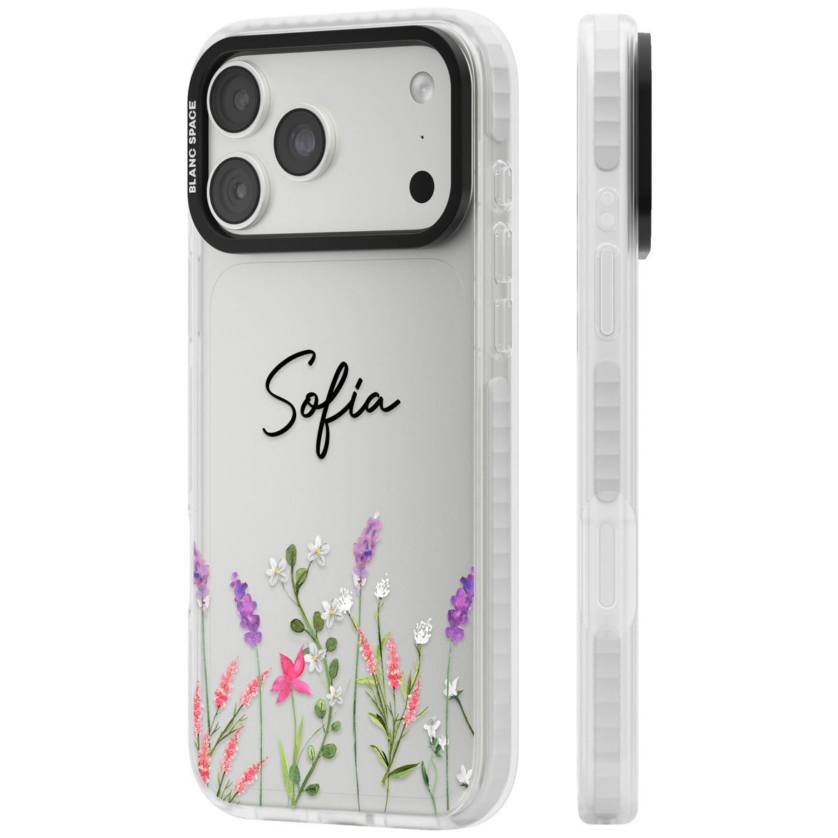 Personalised Lavender Wildflowers iPhone 18 Pro Max Impact Clear Phone Case side