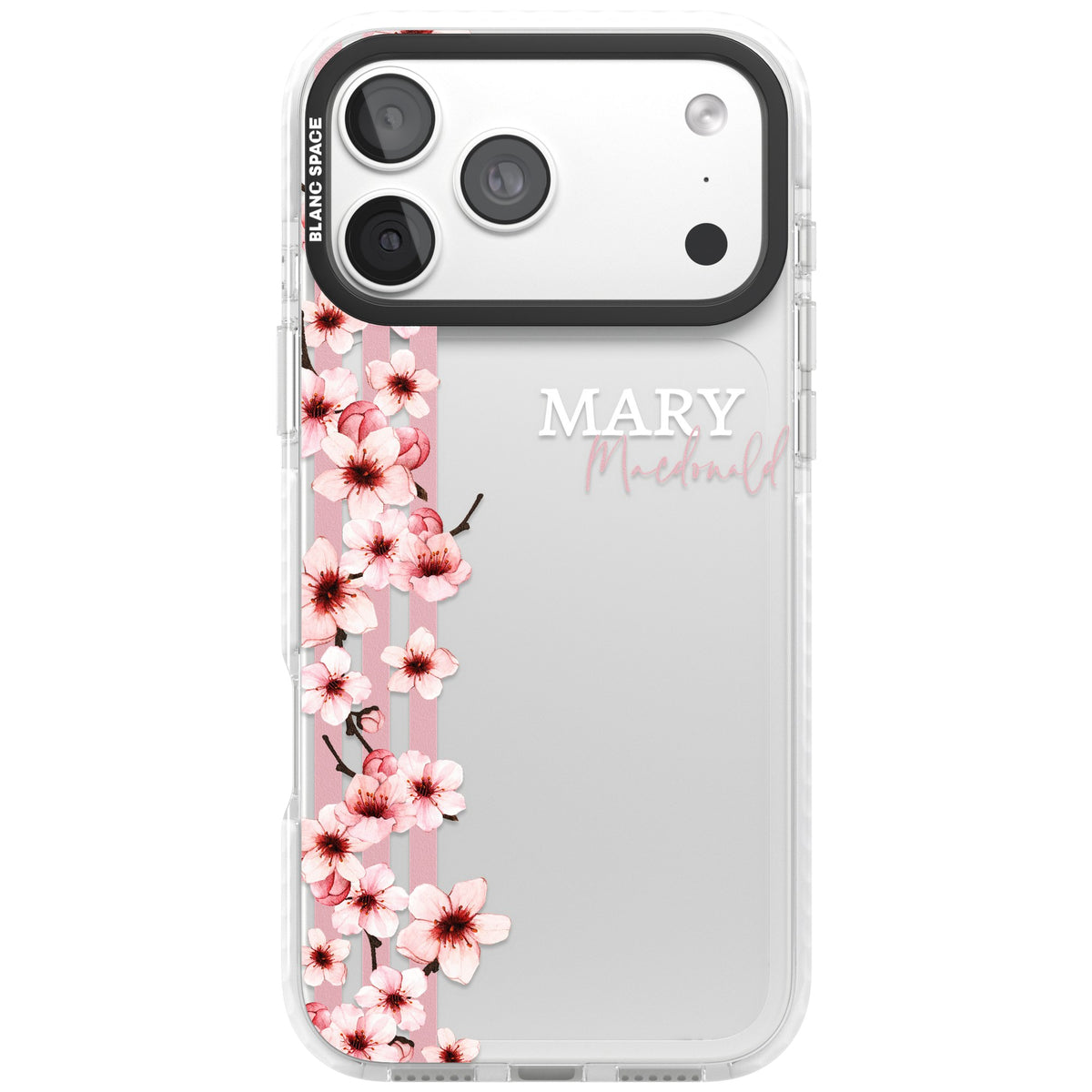 Personalised Cherry Blossom Stripe iPhone 18 Pro Max Impact Clear Phone Case front
