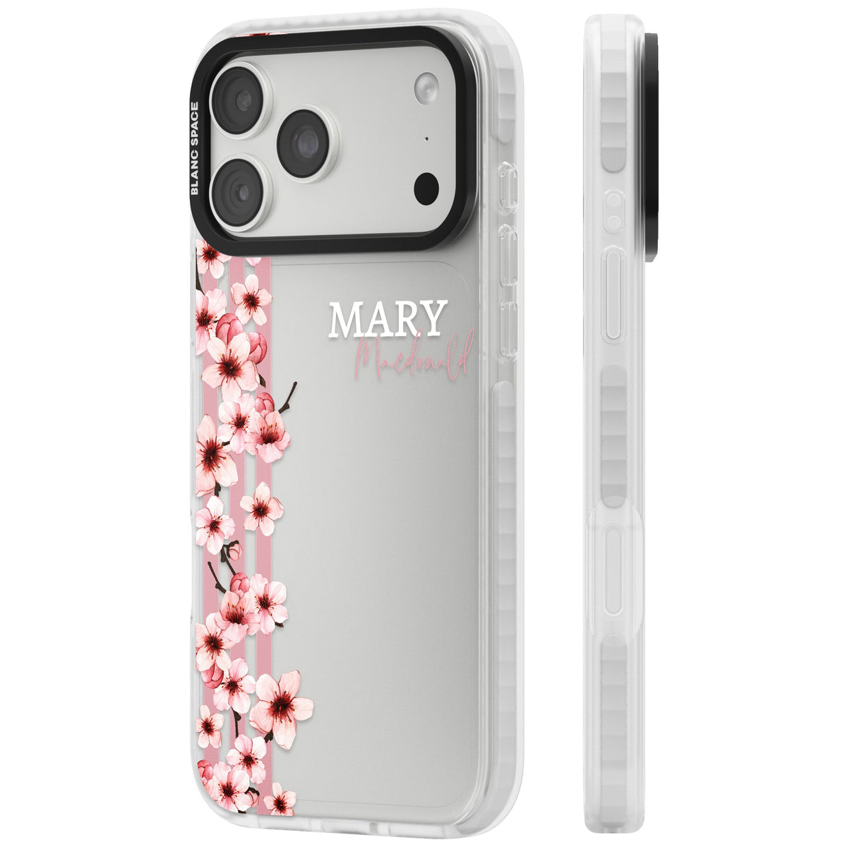 Personalised Cherry Blossom Stripe iPhone 18 Pro Max Impact Clear Phone Case side