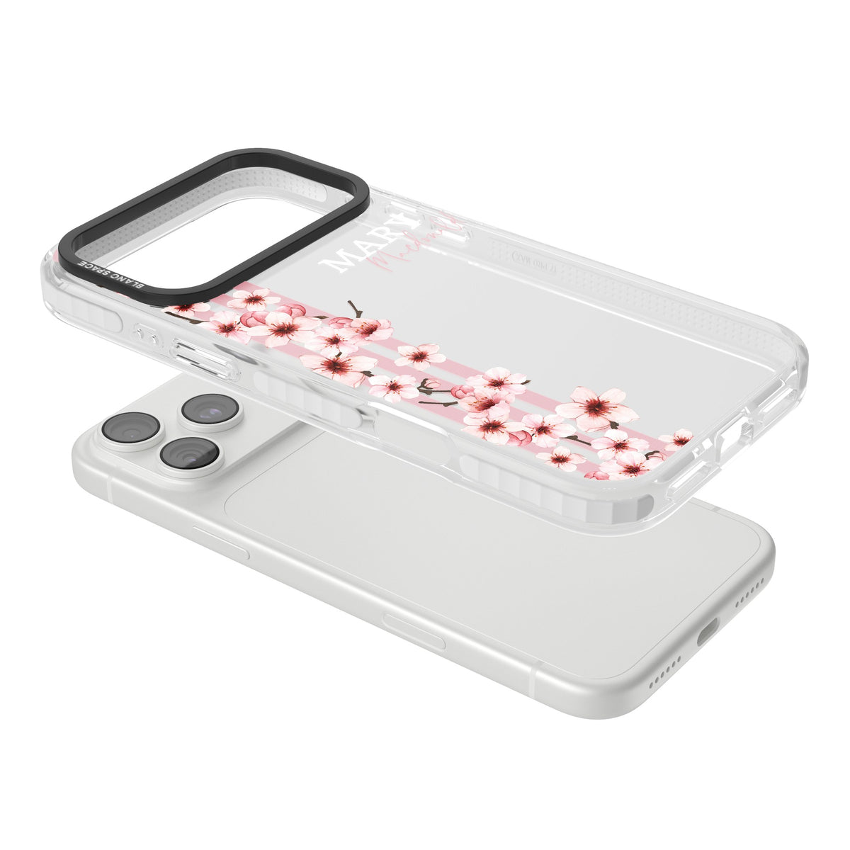 Personalised Cherry Blossom Stripe iPhone 18 Pro Max Impact Clear Phone Case angled