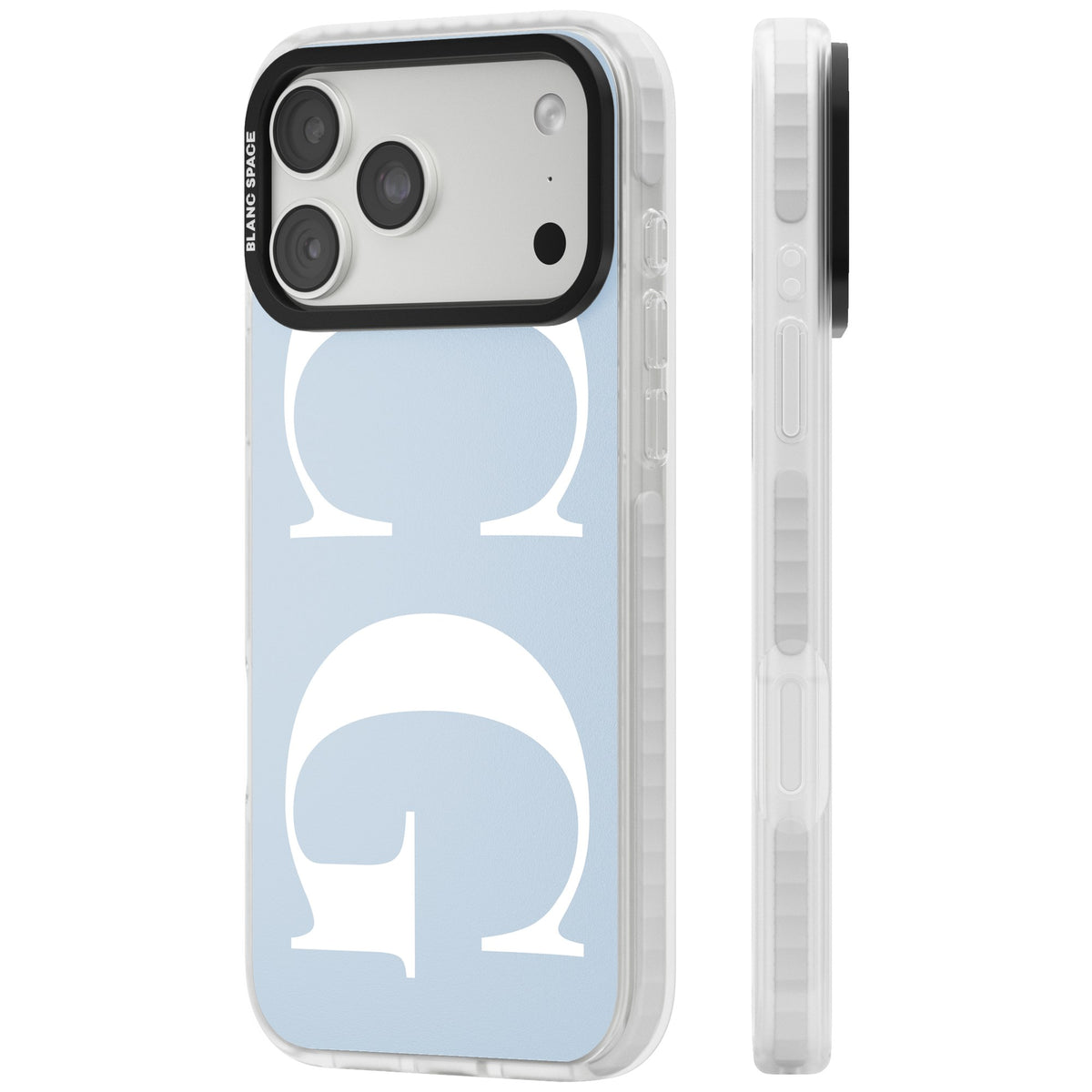 Personalised White & Blue Letters iPhone 18 Pro Max Impact Clear Phone Case side