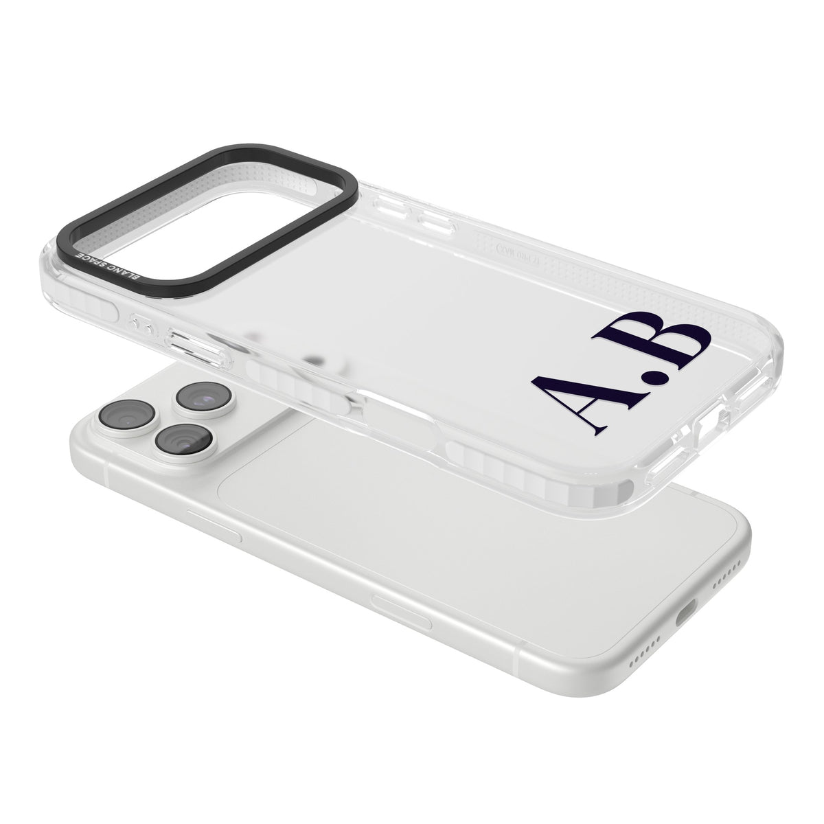 Personalised Serif Initials minimal iPhone case featuring custom monogram lettering in classic serif type on a clear case iPhone 18 Pro Max Impact Clear Phone Case angled