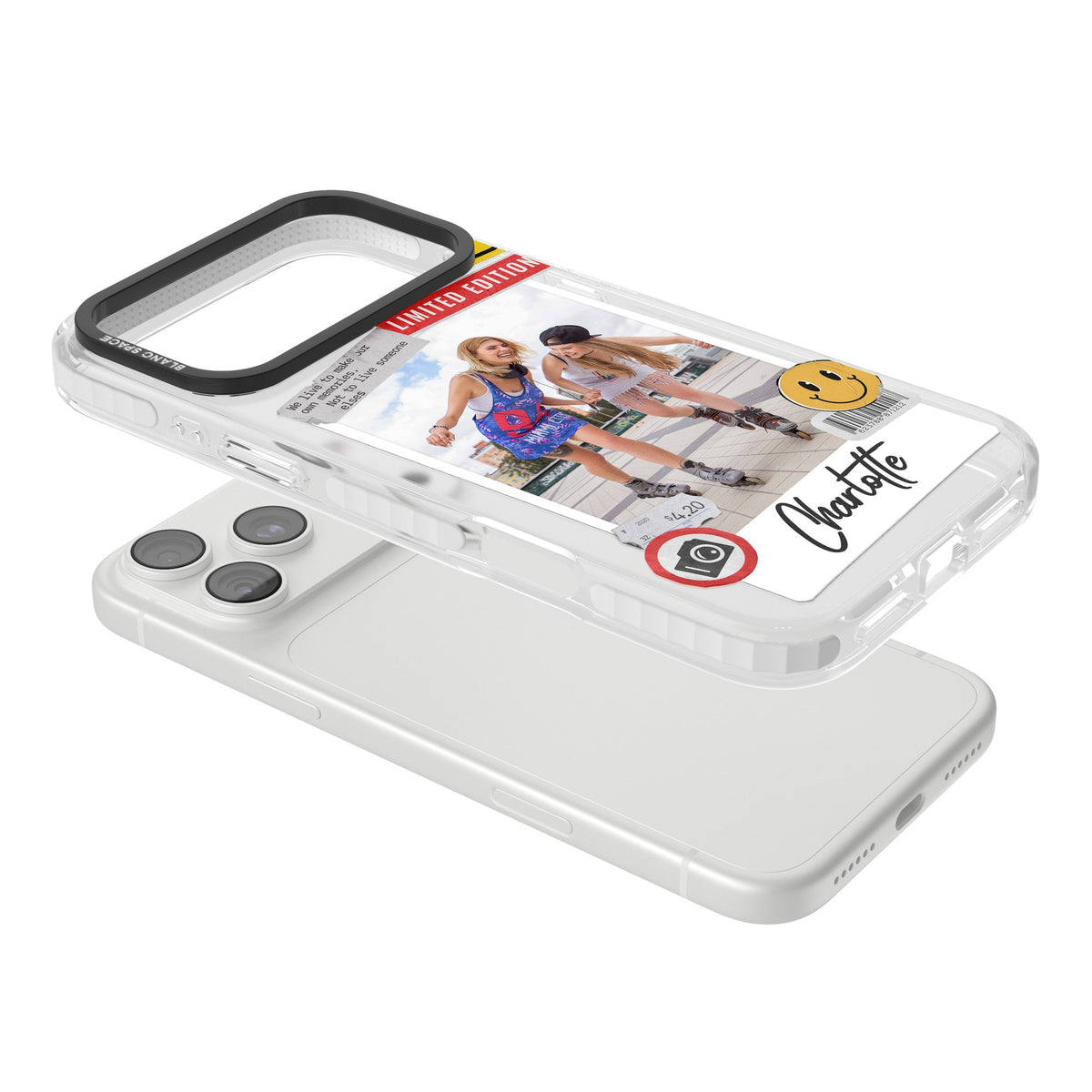 Personalised Sticker Mix Instant Photo iPhone 18 Pro Max Impact Clear Phone Case angled
