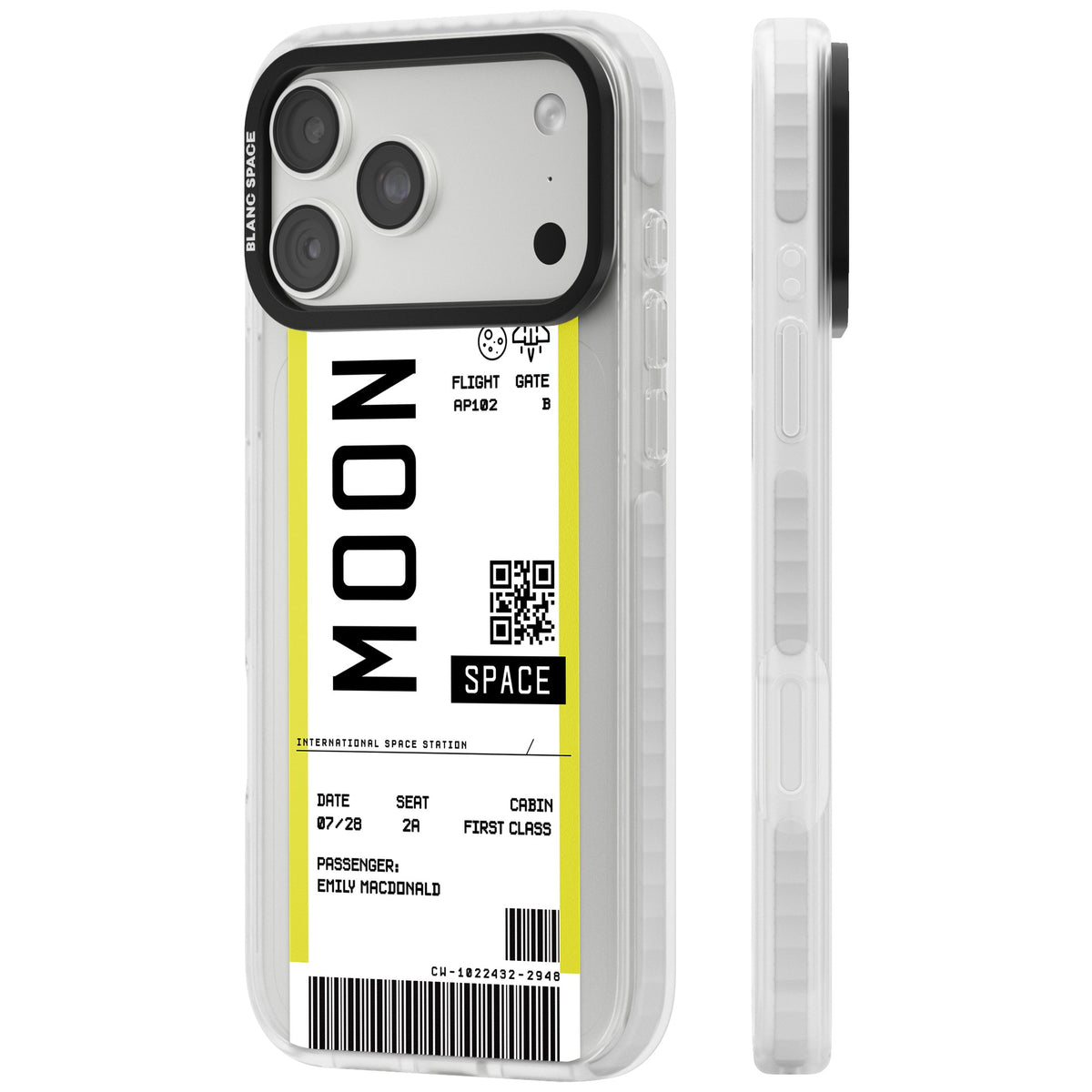 Personalised Moon Travel Ticket iPhone 18 Pro Max Impact Clear Phone Case side