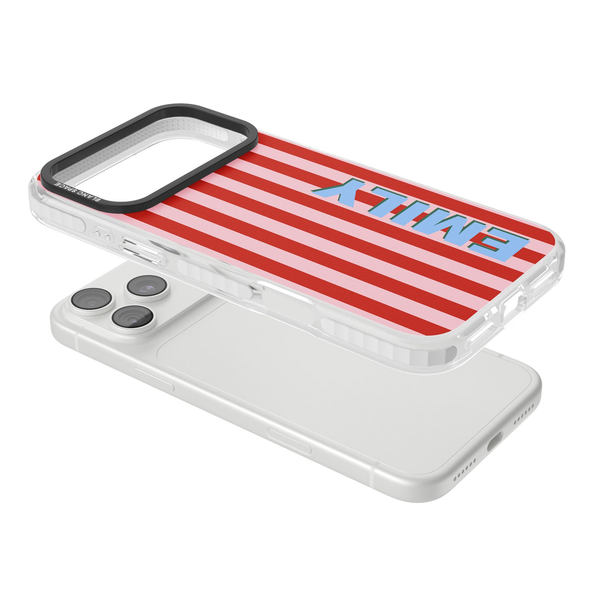 Personalised Market Stripe iPhone 18 Pro Max Impact Clear Phone Case angled
