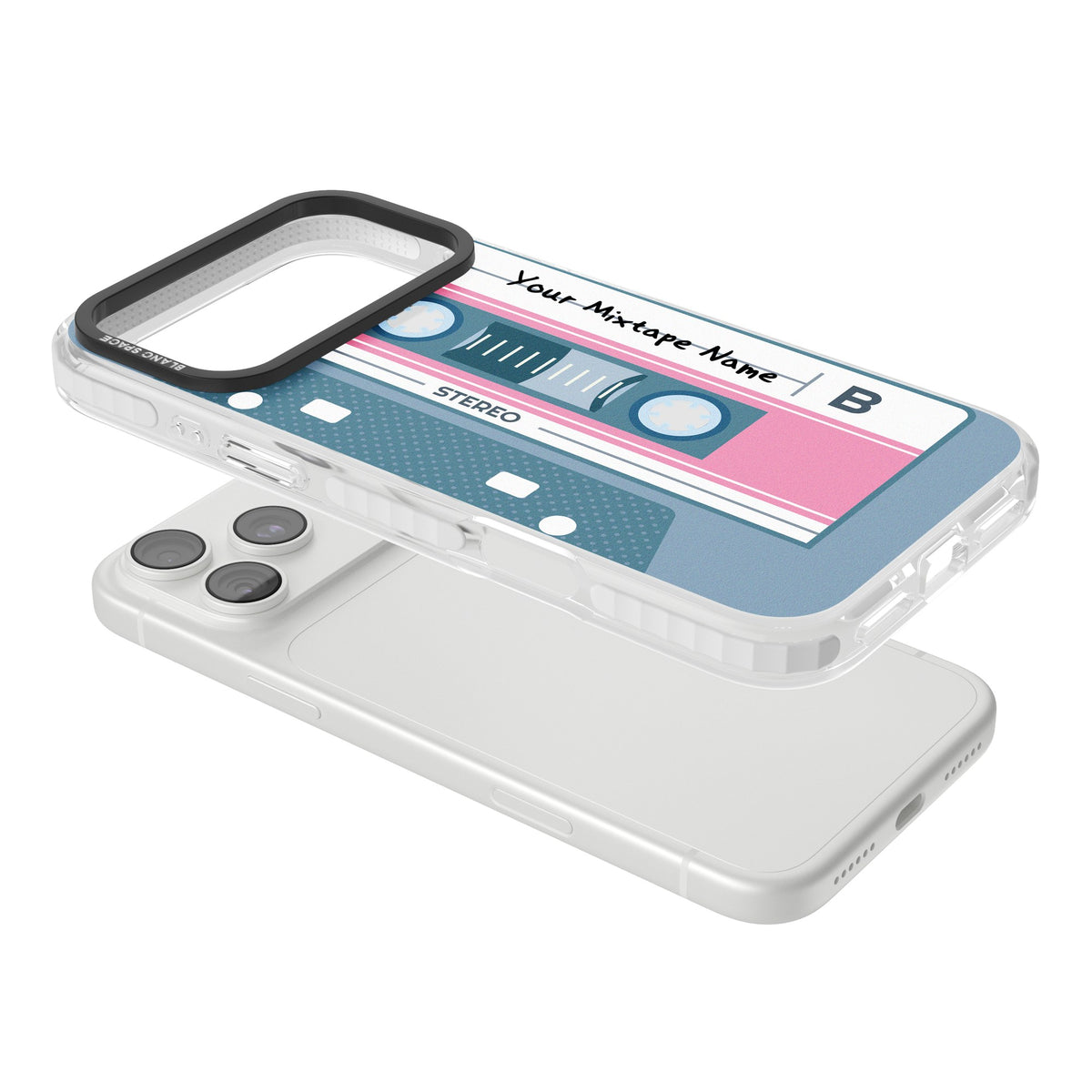 Personalised Retro Cassette Mixtape iPhone 18 Pro Max Impact Clear Phone Case angled