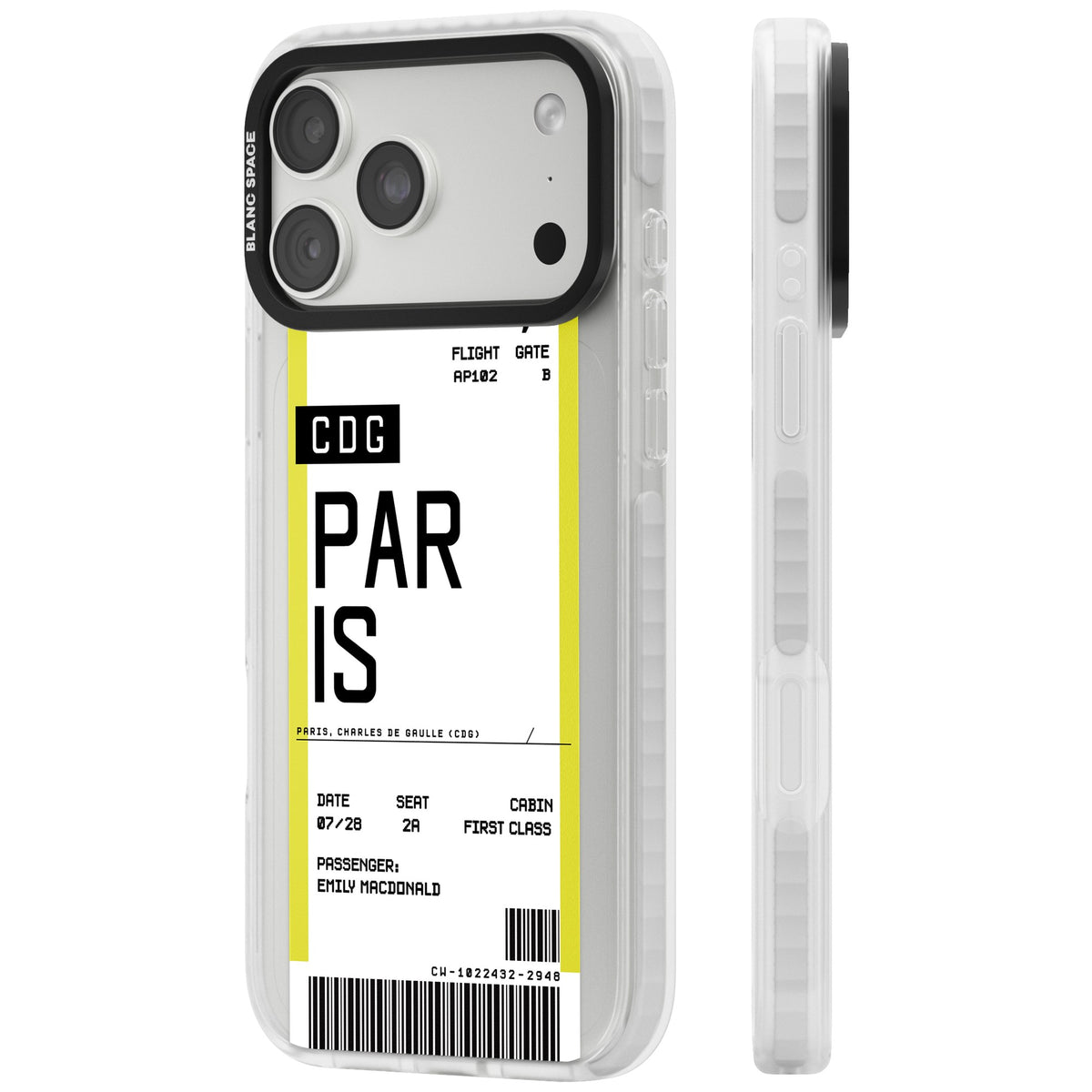 Personalised Paris Boarding Pass iPhone 18 Pro Max Impact Clear Phone Case side