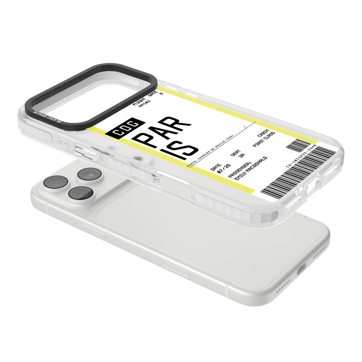 Personalised Paris Boarding Pass iPhone 18 Pro Max Impact Clear Phone Case angled