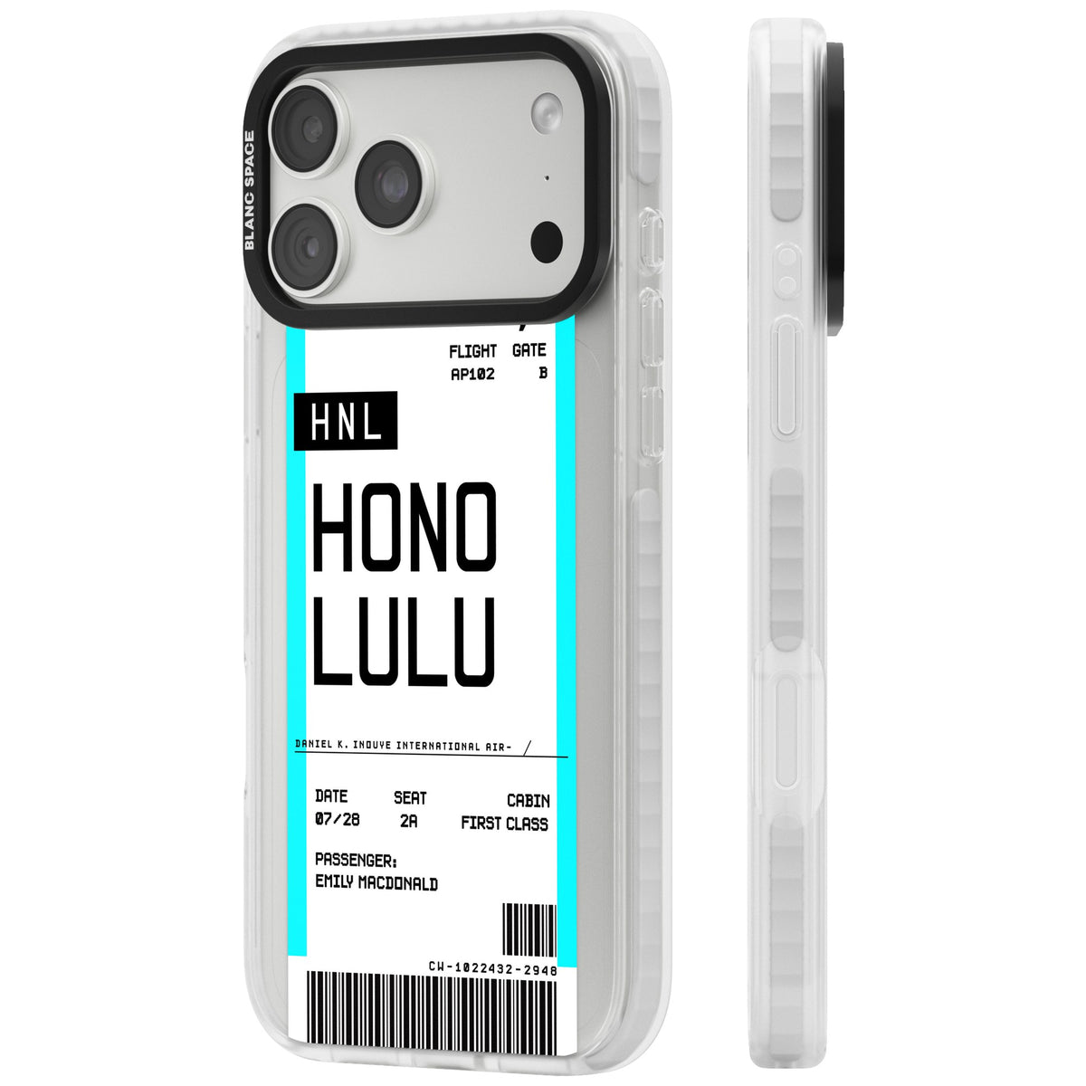 Personalised Honolulu Boarding Pass iPhone 18 Pro Max Impact Clear Phone Case side