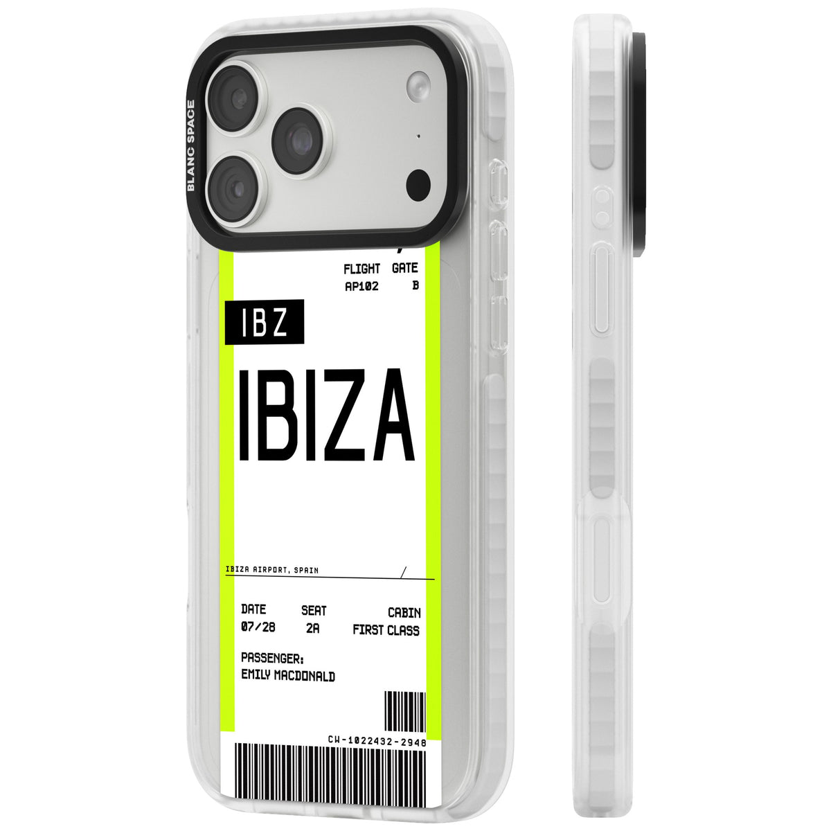 Personalised Ibiza Boarding Pass iPhone 18 Pro Max Impact Clear Phone Case side