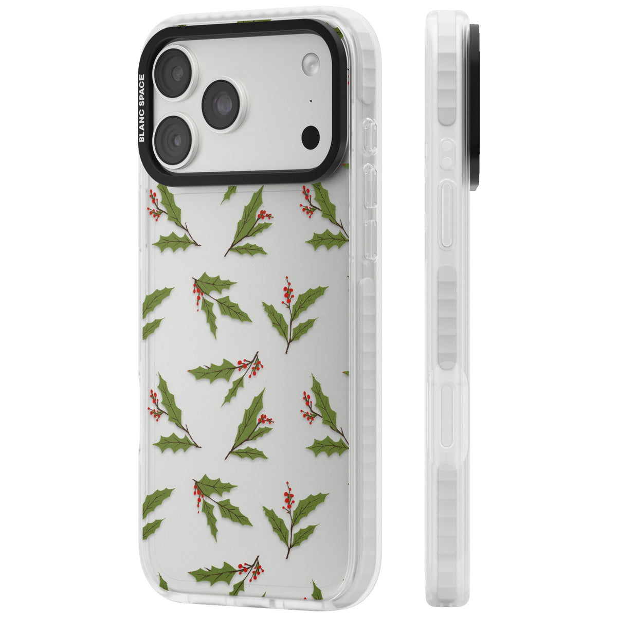 Christmas Holly Pattern iPhone 18 Pro Max Impact Clear Phone Case side