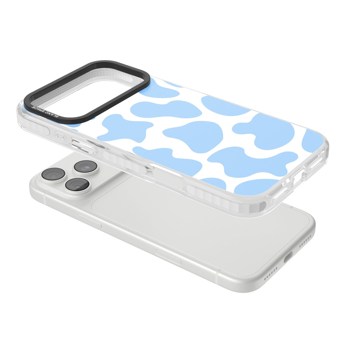 Blue And White Cow Print iPhone 18 Pro Max Impact Clear Phone Case angled