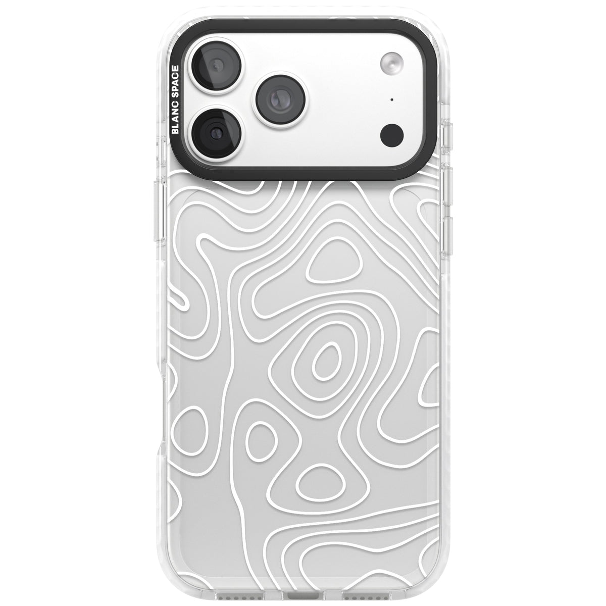 White Damascus Steel abstract iPhone case featuring white topographic contour lines on a clear back with a black bumper iPhone 18 Pro Max Impact Clear Phone Case front
