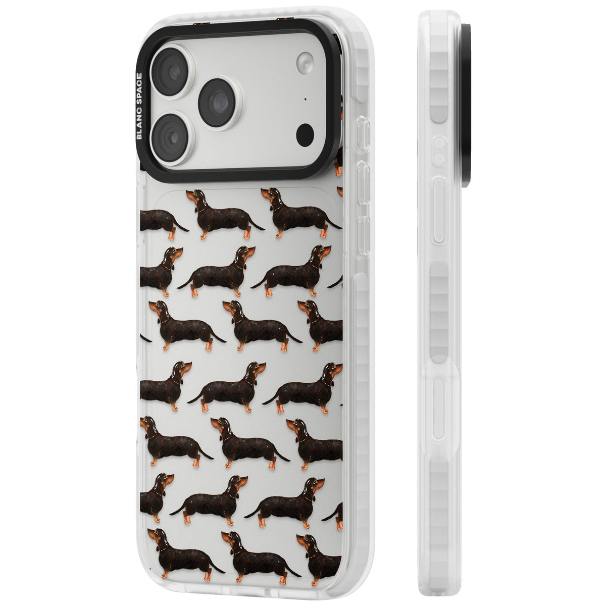 Dachshund Pattern Black Tan iPhone 18 Pro Max Impact Clear Phone Case side