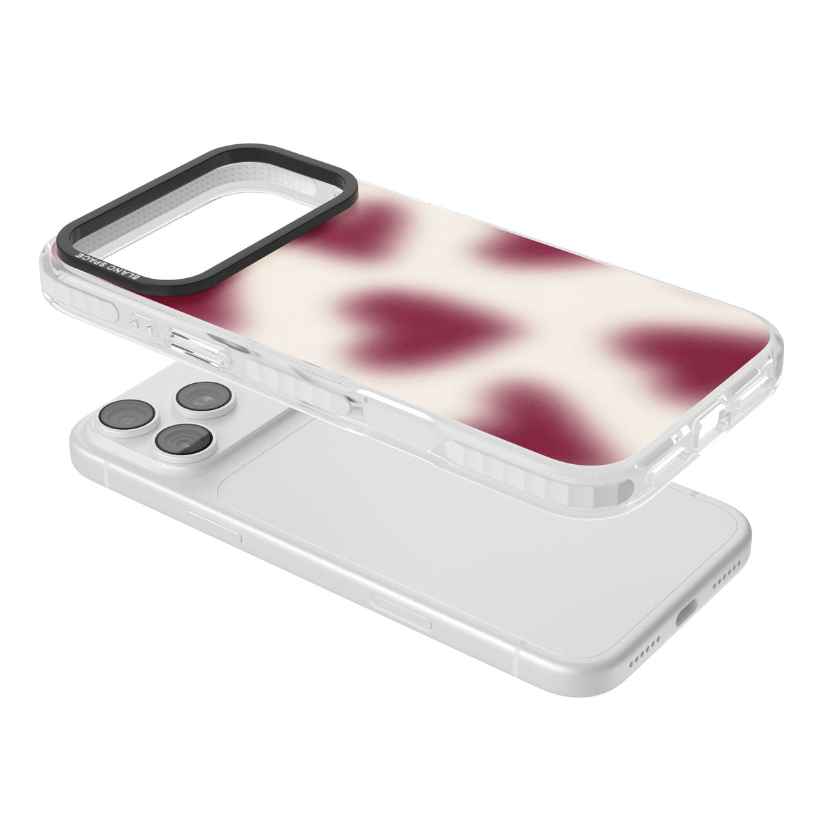 Velvet Hearts coquette iPhone case featuring blurry burgundy aura hearts on a soft cream background iPhone 18 Pro Max Impact Clear Phone Case angled