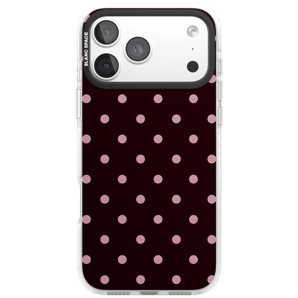 Merlot Dots polka dot iPhone case featuring dusty pink spots on a deep burgundy background in a retro grid iPhone 18 Pro Max Impact Pro Clear Phone Case front