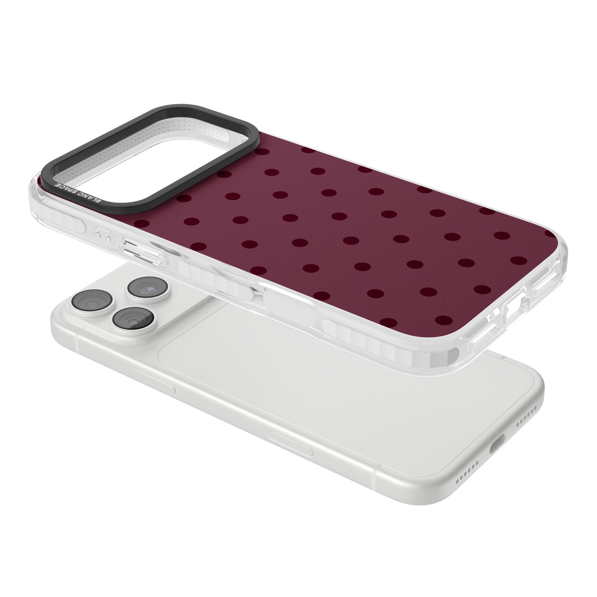 Burgundy Polka Dot minimalist iPhone case featuring black polka dots on a deep burgundy wine red background iPhone 18 Pro Max Impact Pro Clear Phone Case angled