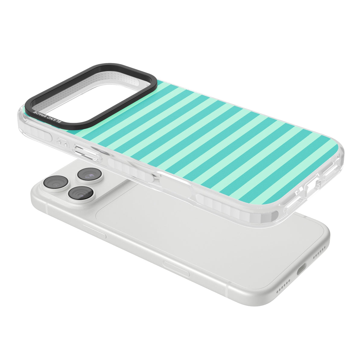 Turquoise Stripe preppy iPhone case featuring horizontal teal and mint green stripes on a black protective frame iPhone 18 Pro Max Impact Pro Clear Phone Case angled