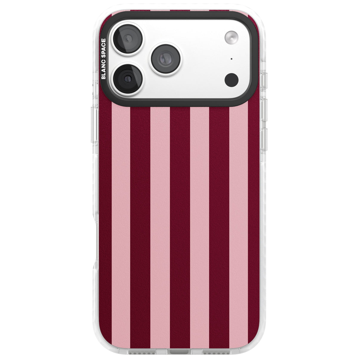 Bordeaux Belle preppy iPhone case featuring bold vertical stripes in burgundy and soft blush pink iPhone 18 Pro Max Impact Pro Clear Phone Case front