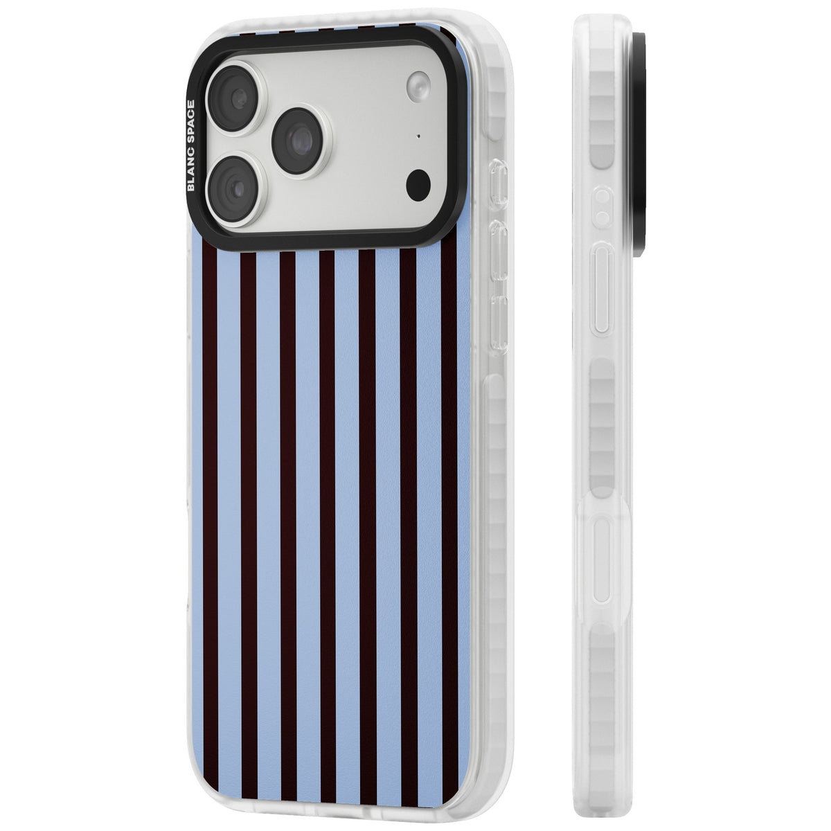 Blackcurrant Stripe preppy iPhone case featuring vertical burgundy and light blue stripes in a classic pinstripe layout iPhone 18 Pro Max Impact Pro Clear Phone Case side